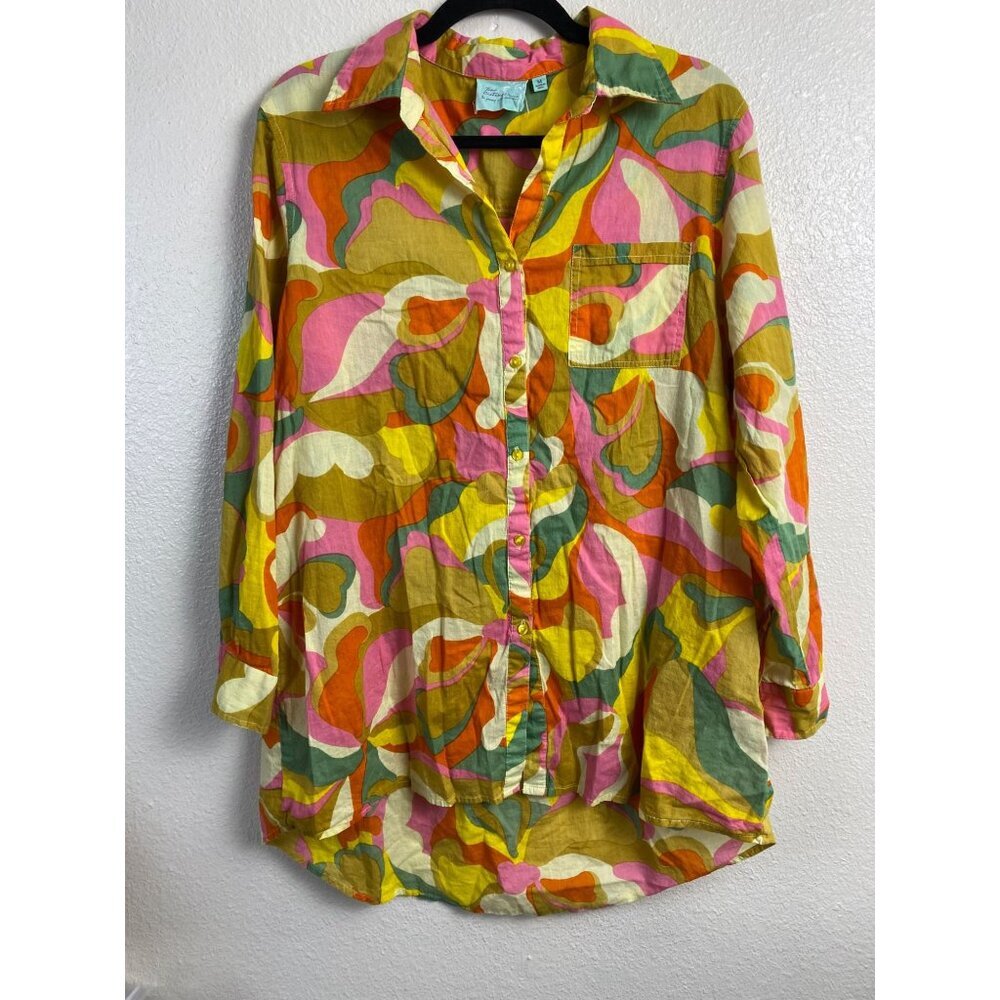 True Destination Resort Wear Floral Long Sleeve Tunic Button Up Top Size Medium